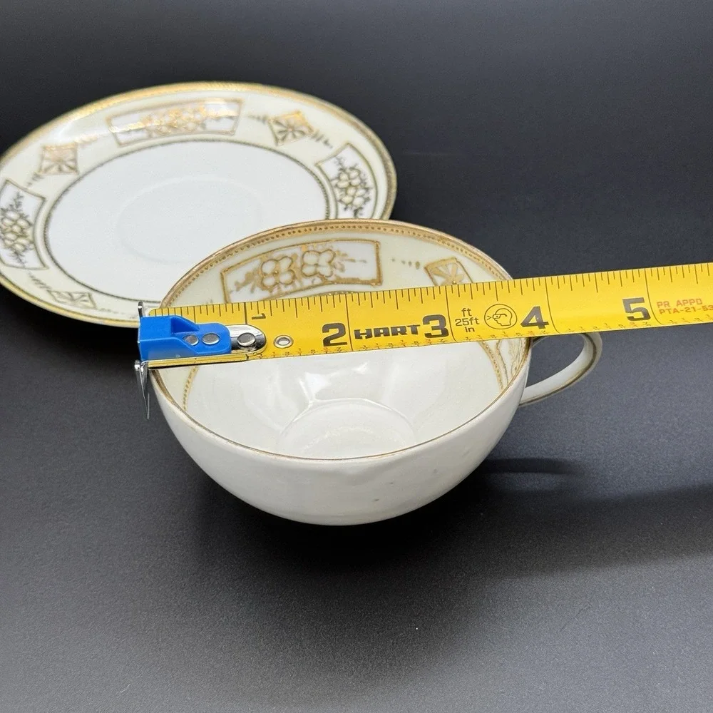 Antique Nippon Hand Painted Teacup‎ & Saucer White Gold Gilt Pre-1921 Tea Party